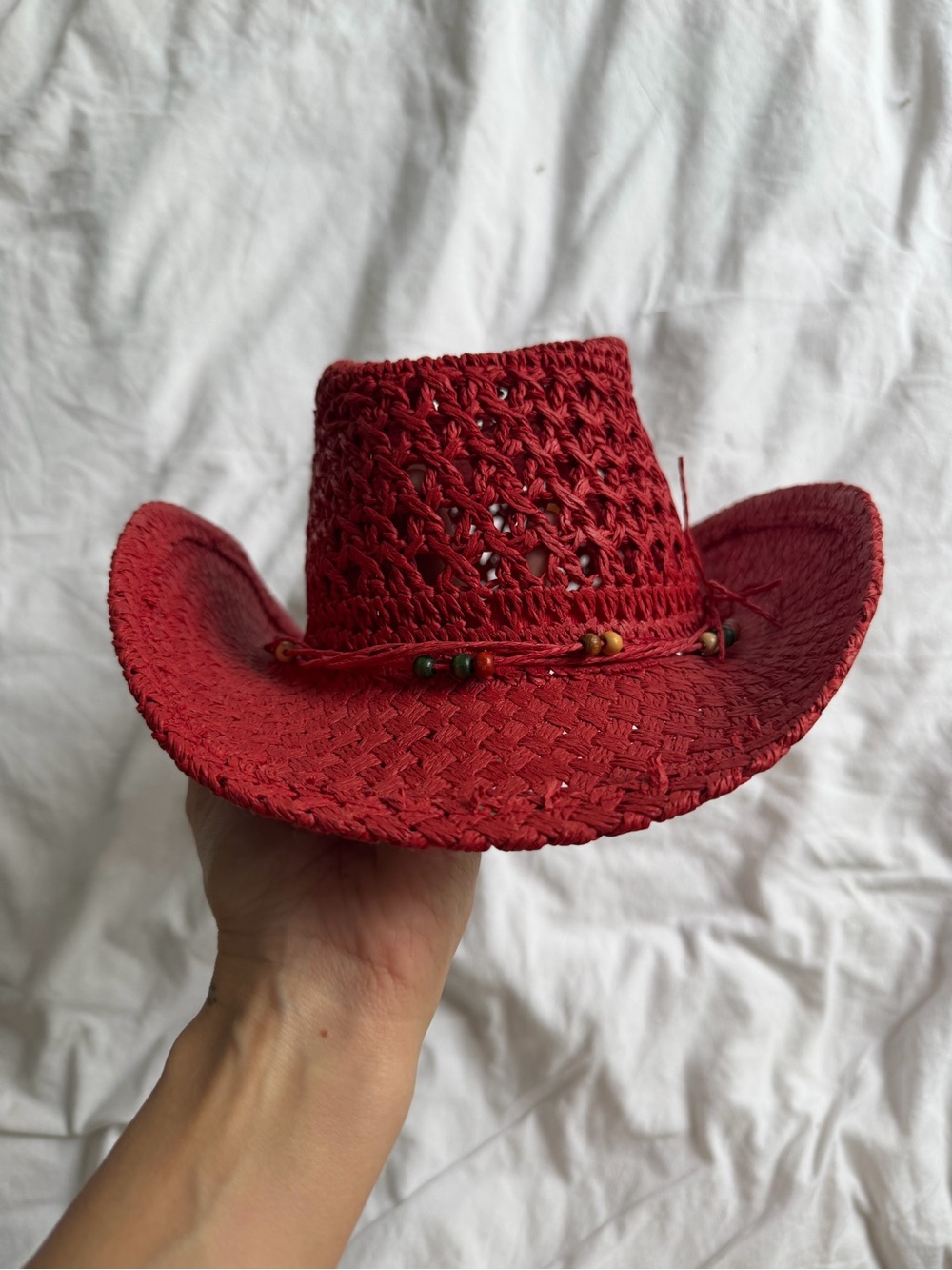 Red Straw Cowboy Hat with Bead Accent - Women